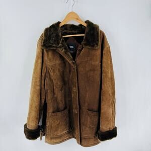Dennis Basso 1X Genuine Suede Leather Coat Faux Fur Trim Lined Winter Jacket